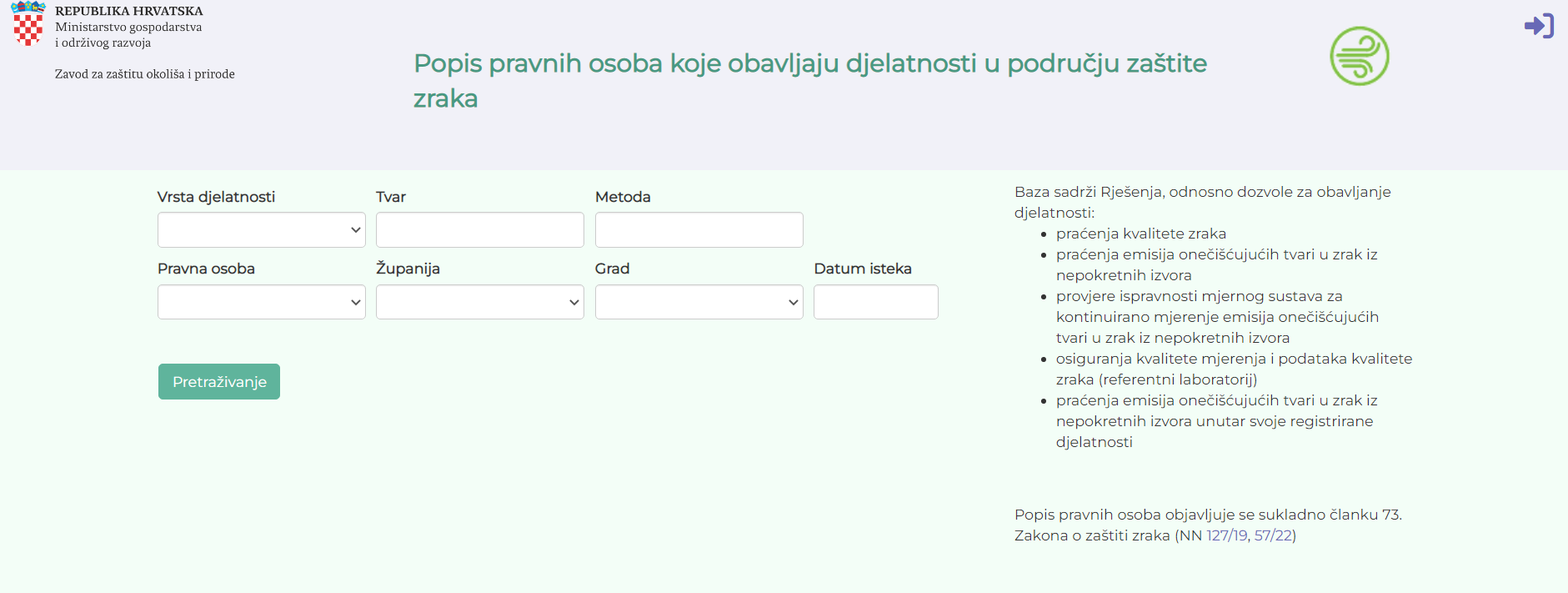 Popis pravnih osoba koje obavljaju djelatnosti u području zaštite zraka
